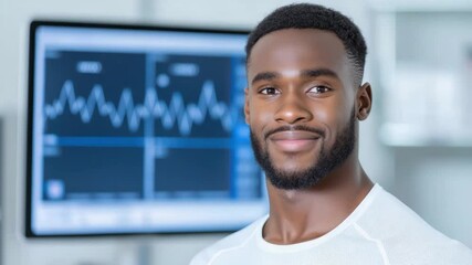Poster - Serious African American Male Healthcare Professional with Digital Health Monitoring Screen in Modern Medical Office
