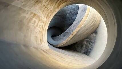 Poster - Spiral Staircase Interior: A captivating view from within a modern spiral staircase, showcasing its unique concrete and wooden design. The soft lighting creates a mesmerizing effect.