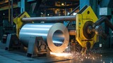 A massive metal coil being processed on a precision industrial rolling machine, with sparks flying during fabrication, showcasing the intricate process of metal manufacturing.