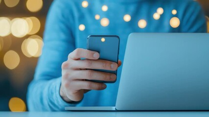 Poster - Person Using Smartphone with Bokeh Effect Background in a Cozy Indoor Setting
