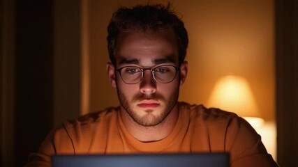 Poster - Young Man Working Late at Night on Laptop with Focused Expression in Cozy Ambient Light Setting