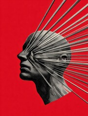 Poster - Stylized Head With Exploding Lines From Temple Illustrating the Feeling of Anxiety and Stress in Bold Colors and Sharp Contrasts Depicting Intense Emotions