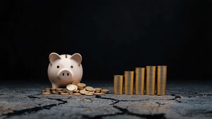 Poster - Piggy Bank Surrounded by Coins with Golden Bars Falling in Background Capturing Concept of Savings and Investment Growth