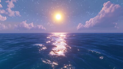 Wall Mural - blazing sun above a wide ocean, sunlight sparkling like stars on the rolling blue surface