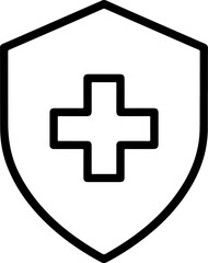 Poster - Bold Black Outline Shield Icon Featuring a Central White Cross Medical Symbol Healthcare Protection Graphic