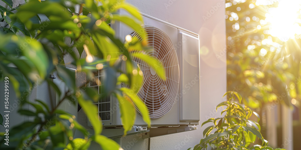 Air conditioner outdoor unit compressor outside the house in sunlight ...