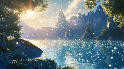 Wall Mural - just-touched sun reflections across a lagoon, soft sparkles like floating diamonds on the water