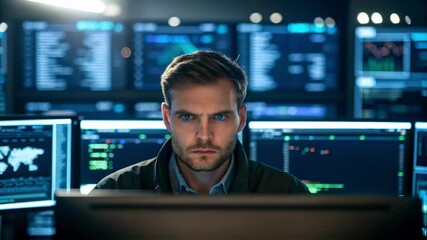 Fototapete - A medium closeup of an operator at a communication hub focused intently on multiple screens displaying satellite data surrounded by a hightech environment filled with blinking
