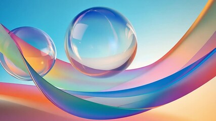 Poster - Abstract Glass Spheres: Two translucent glass spheres rest on flowing, iridescent ribbons of color, creating an abstract and visually captivating image.