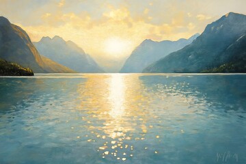 Wall Mural - quiet fjord at dawn, sunrays painting silver sparkles across the glassy surface