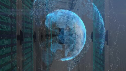 Aufkleber - Materializing globe in corridor, rotating holographic Earth pulsing nodes for visualizing data flow