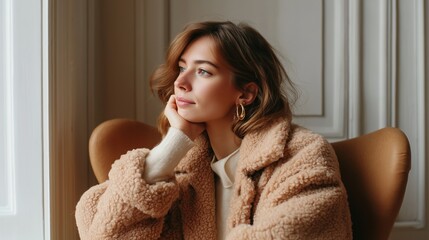 Poster - Young woman in cozy sweater and fluffy coat sitting thoughtfully by window in a stylish indoor space