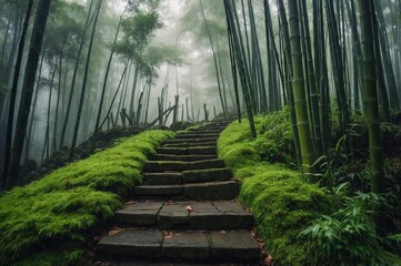  Moss-covered stone steps leading through misty bamboo forest in Japan