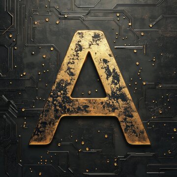 Letter A in Tarnished Gold on a Dark Circuit Board Background