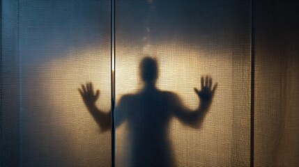 Poster - Shadow Figure Presses Against Translucent Screen, Creating a Striking Contrast of Light and Form in a Dimly Lit Space