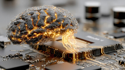 Poster - A transparent digital brain emits glowing neural signals while interfaced with a high-tech circuit board, symbolizing AI and futuristic technology