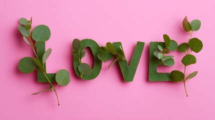 Poster - Creative arrangement of green leaves forming the word love on a pink background