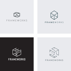 Aufkleber - minimalist frameworks logo design in various styles featuring geometric cube shapes representing str