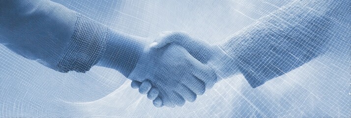Poster - People Shake Hands in a Professional Agreement Against a Blue Background With Subtle Grid Patterns and Open Space Representing Collaboration and Connection