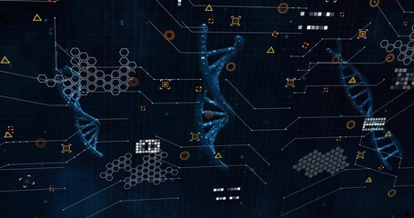 Poster - Upon start glowing blue helix floating, fading in twin strands as data clusters analyzing molecules
