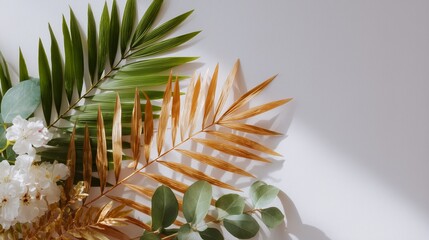 Poster - Colorful arrangement of tropical leaves and flowers on a neutral surface showcasing nature's beauty in perfect harmony