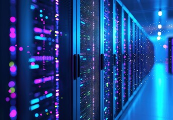 Aufkleber - Bright server corridor filled with vivid pink and blue lights and floating particles, ideal for futuristic data visuals, AI tech concepts, and cloud computing themes