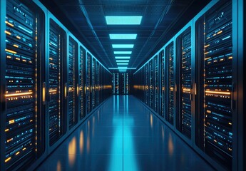 Poster - Symmetrical corridor view of illuminated data center racks with blue and amber server lights, great for tech websites, cloud platforms, and AI infrastructure themes