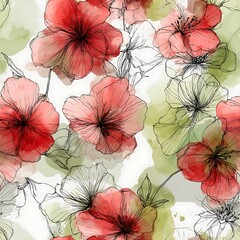 Poster - Hand-drawn blossoms with sketchy lines, soft watercolor washes in red and green, artistic and delicate style