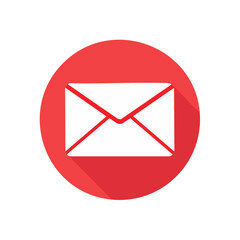Aufkleber - White envelope icon on red circle background for communication and notification with long shadow flat design
