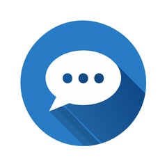 Poster - Chat bubble icon with ellipsis on a blue circle with long shadow. Symbolizes communication discussion message and feedback