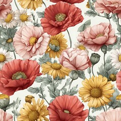 Poster - Seamless pattern with soft pastel pink and red poppies, yellow daisies, and green foliage, in a watercolor style on a light background