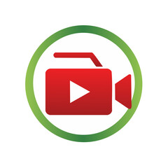 Poster - Modern Video Camera Icon Design with Play Symbol in Red and White with Green Border