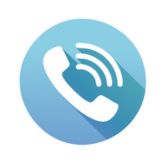 Poster - White telephone receiver icon on blue circle with sound waves, communication concept