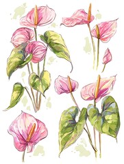 Poster - fuchsia anthurium clipart watercolor buds stem and leaves Floral different size , tip view, close and open rose constructor Vector on white background