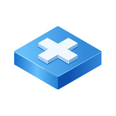 Poster - Isometric blue square block with a white cross on top, illustration of add or plus sign icon, negative symbol, and concept