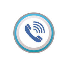 Poster - blue and white telephone icon with sound waves vector communication technology symbol for incoming c