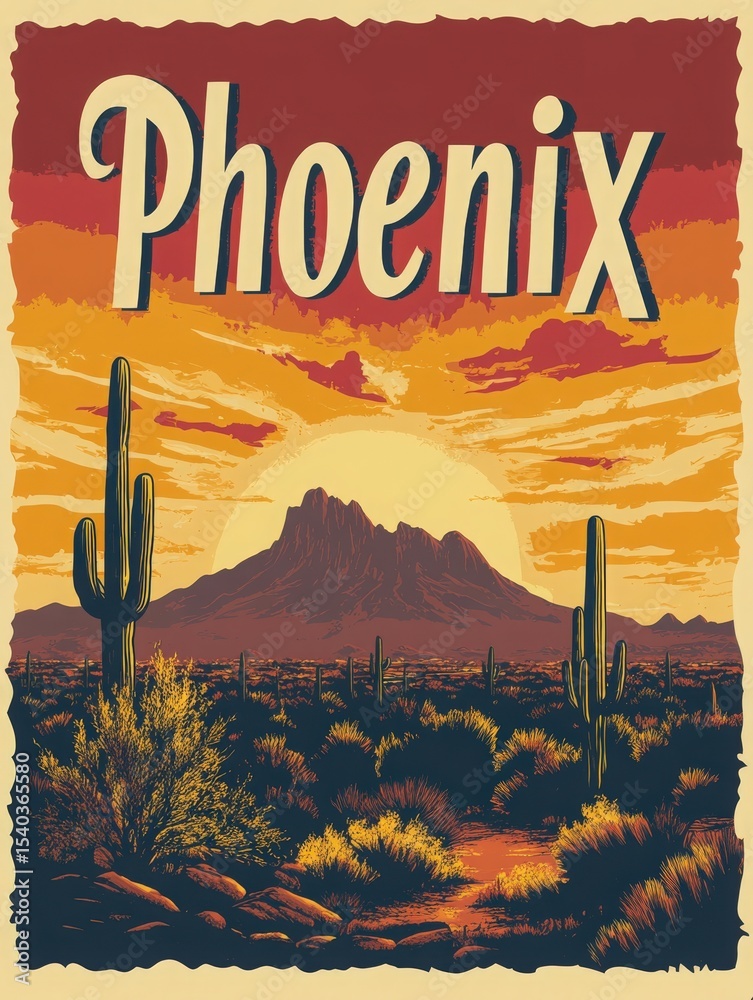 The sun sets behind the mountains in Phoenix, casting warm orange and yellow hues across the sky. Tall cacti dot the landscape, adding to the desert beauty of this stunning scene.