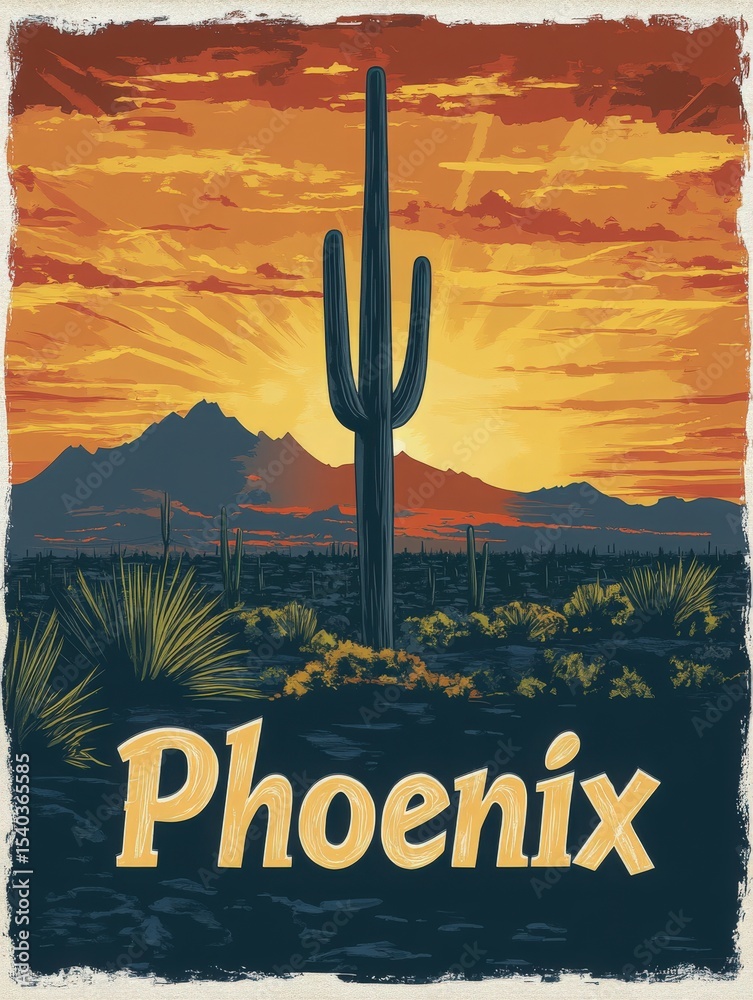 A desert scene captures a tall saguaro cactus silhouetted against a vibrant orange and yellow sunset. The mountains loom in the background, adding depth to the tranquil atmosphere.