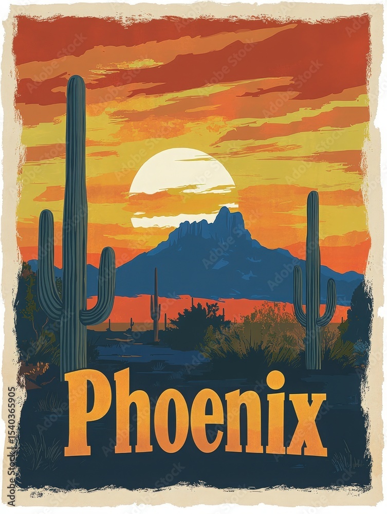 A colorful sunset illuminates the Phoenix skyline, featuring prominent cacti in the foreground. The warm hues reflect off the mountains, creating a serene desert atmosphere.