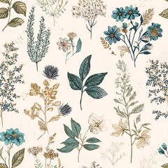 Poster - Vintage-Inspired floral pattern, featuring various plants, flowers, leaves, and herbs in an elegant line art style on a plain background. The design should be seamless