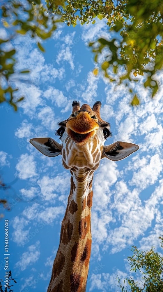 A tall giraffe stretches its long neck upward, gazing at the bright blue sky scattered with fluffy clouds. Green leaves frame the view, adding a touch of nature to the scene.