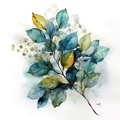 Poster - watercolor leaves, more muted colors, clean and elegant, green and turquoise palette, light gold accents, pure white background, delicate brushwork, sophisticated, artistic style