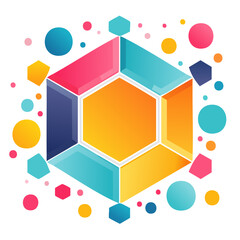Poster - Abstract Geometric Composition with Hexagon Cube and Colorful Decorative Shapes on Black Background