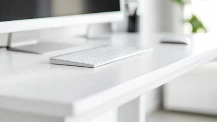 Poster - A computer keyboard placed on a clean and simple white desk.