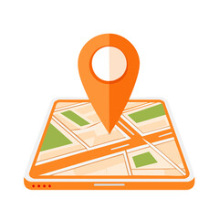 Poster - Orange Mobile Device Displaying Map with Location Pin Digital Navigation App Guidance Find Route Planning Destination Travel