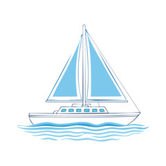 Poster - Illustration of a sailboat in light blue and white cruising on the water, with the black background.