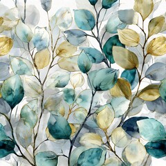 Poster - watercolor leaves, more muted colors, clean and elegant, green and turquoise palette, light gold accents, pure white background, delicate brushwork, sophisticated, artistic style