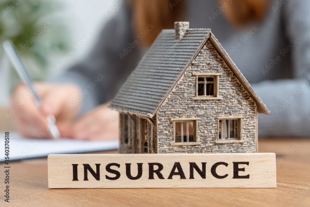 A detailed miniature house sits on a wooden table with the word insurance prominently displayed in front.