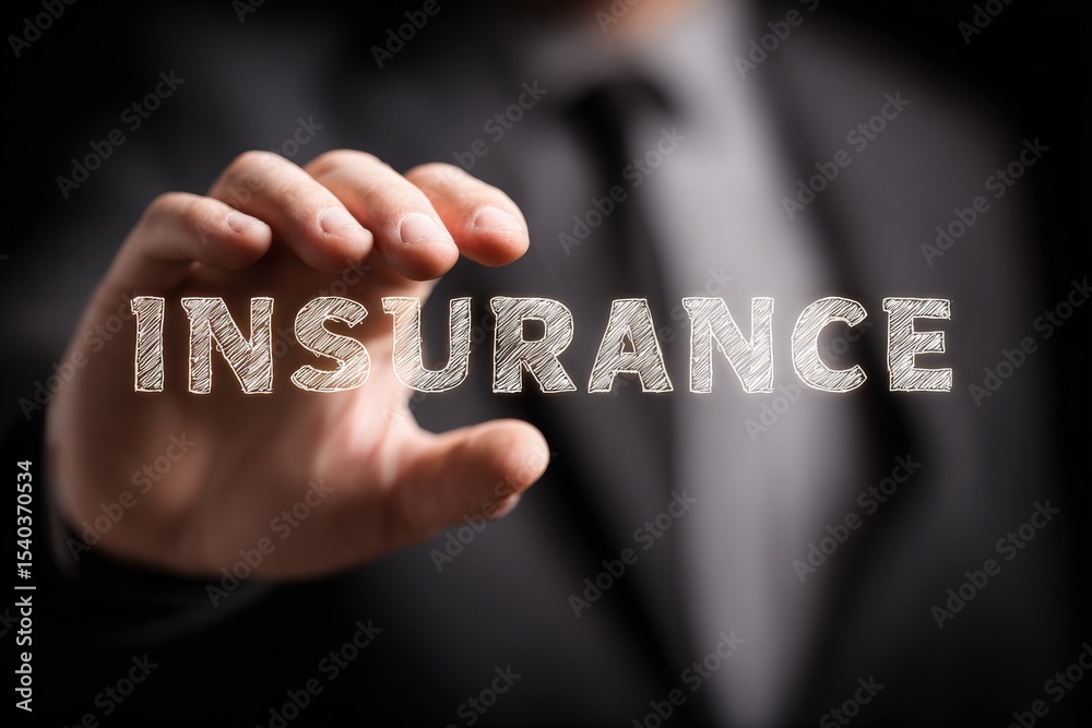 A person dressed in formal attire reaches out with one hand towards the word insurance, highlighted against a dark background.