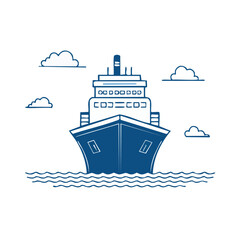 Poster - Stylized Cruise Ship Sailing on Water with Clouds in a Flat Vector Illustration